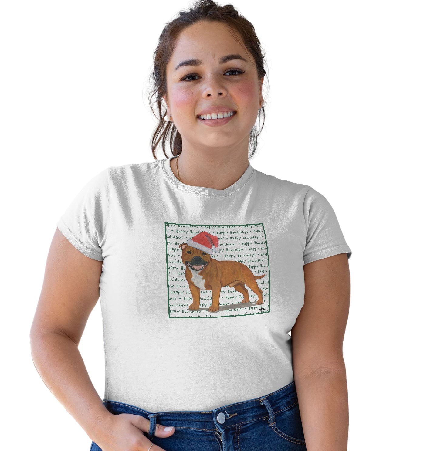 American Staffordshire Terrier (Red) Happy Howlidays Text - Women's Tri-Blend T-Shirt