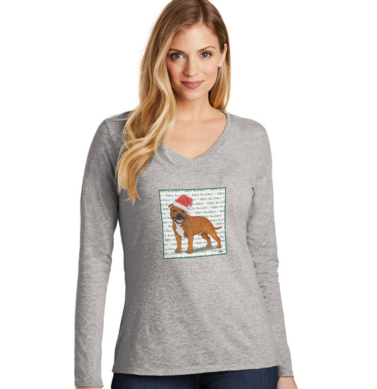 American Staffordshire Terrier (Red) Happy Howlidays Text - Women's V-Neck Long Sleeve T-Shirt