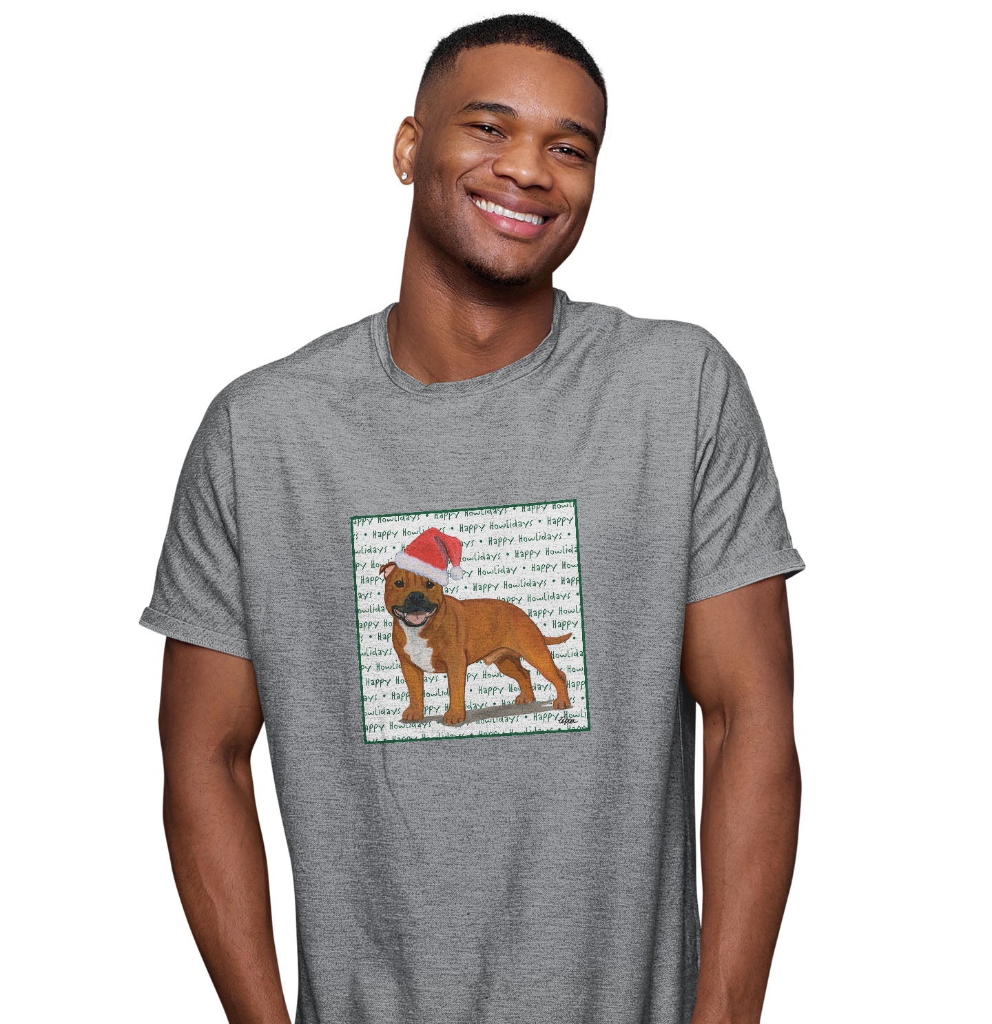 American Staffordshire Terrier (Red) Happy Howlidays Text - Adult Unisex T-Shirt