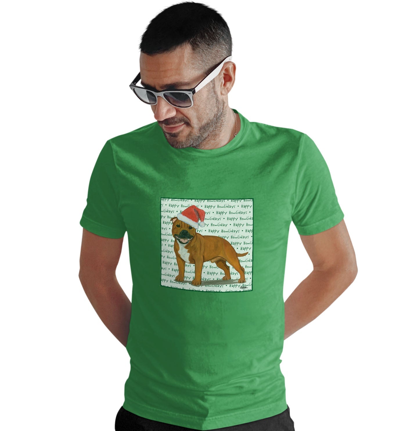 American Staffordshire Terrier (Red) Happy Howlidays Text - Adult Unisex T-Shirt