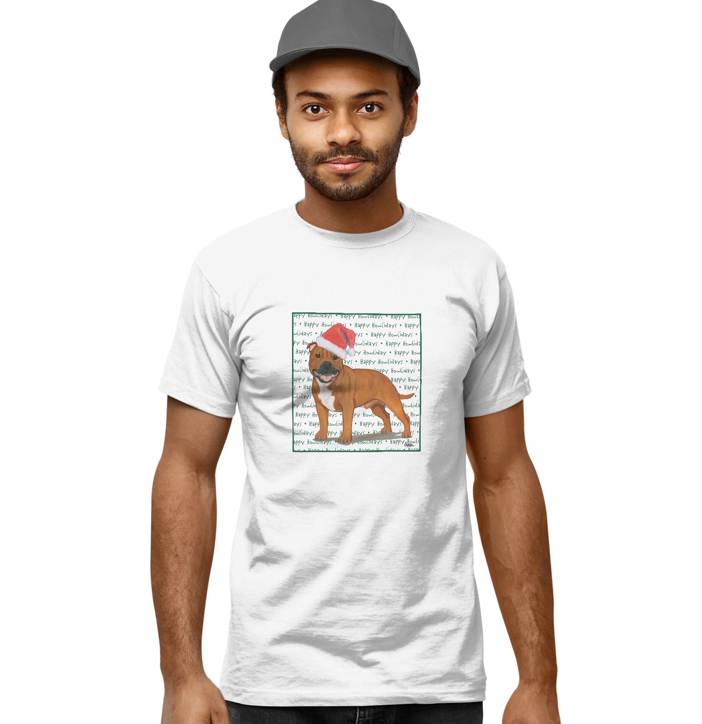 American Staffordshire Terrier (Red) Happy Howlidays Text - Adult Unisex T-Shirt