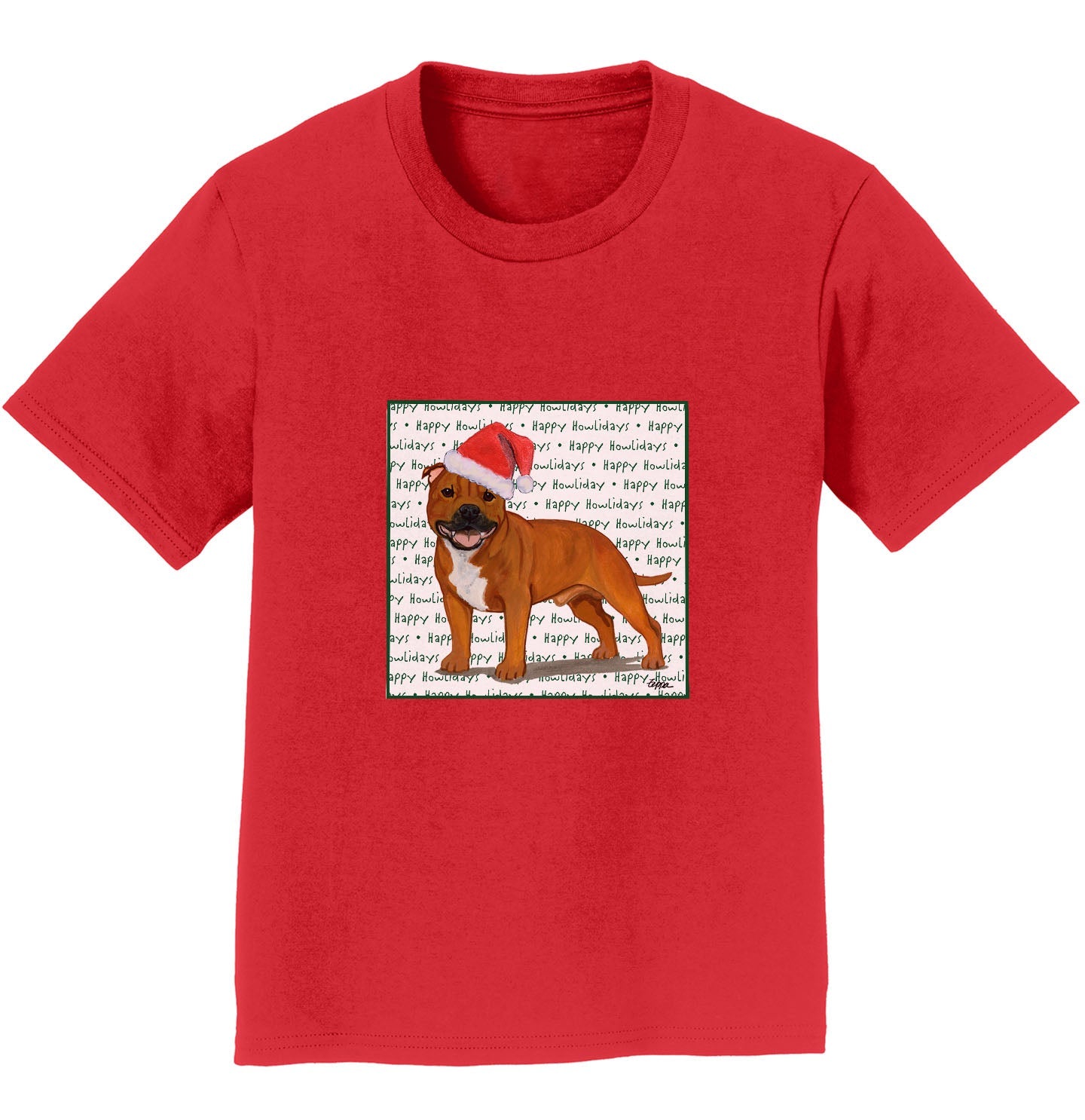 American Staffordshire Terrier (Red) Happy Howlidays Text - Kids' Unisex T-Shirt