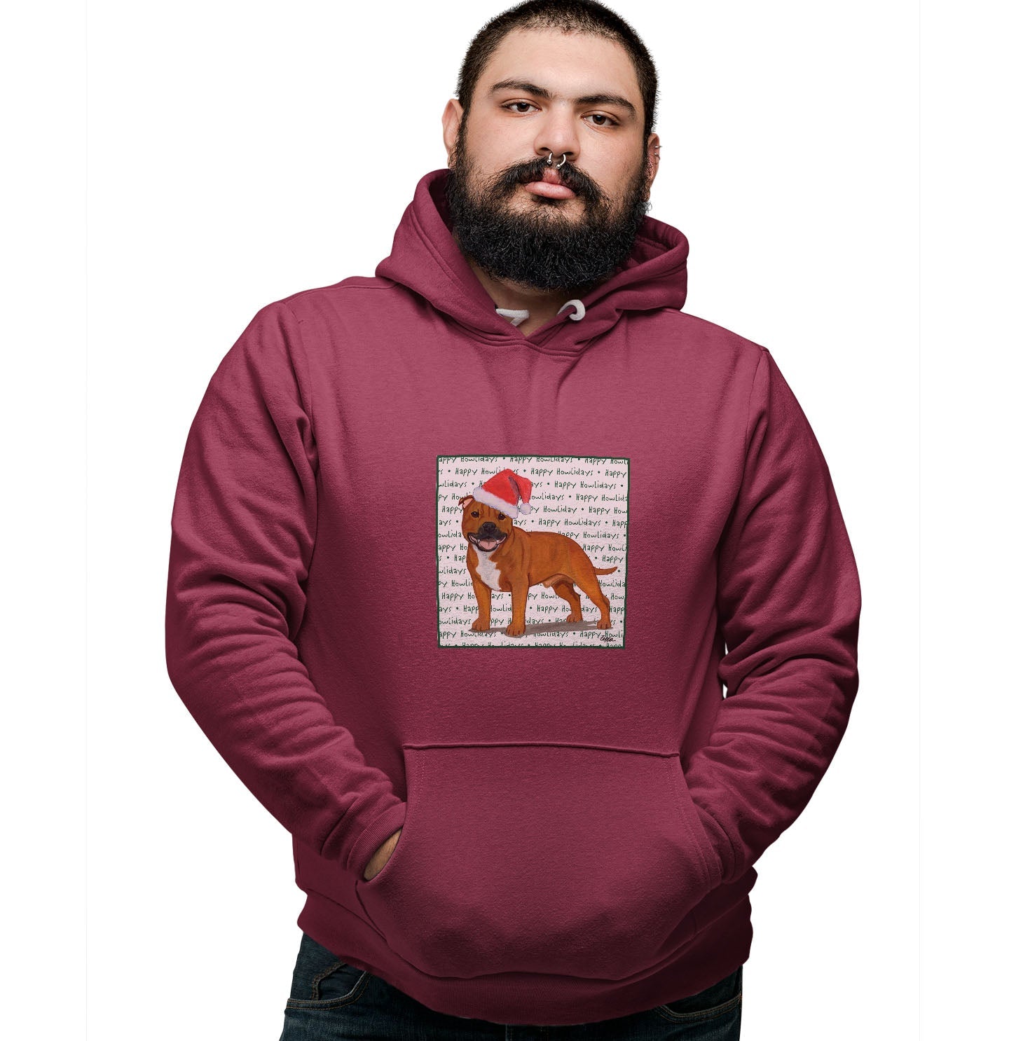 American Staffordshire Terrier (Red) Happy Howlidays Text - Adult Unisex Hoodie Sweatshirt