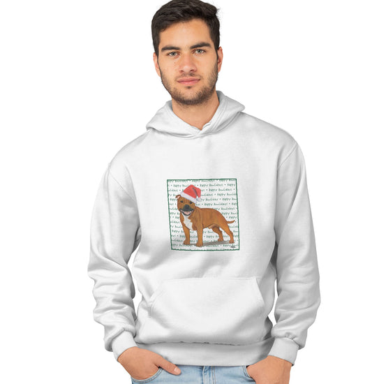 American Staffordshire Terrier (Red) Happy Howlidays Text - Adult Unisex Hoodie Sweatshirt