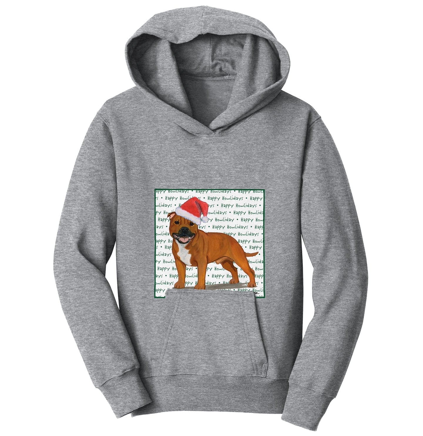 American Staffordshire Terrier (Red) Happy Howlidays Text - Kids' Unisex Hoodie Sweatshirt