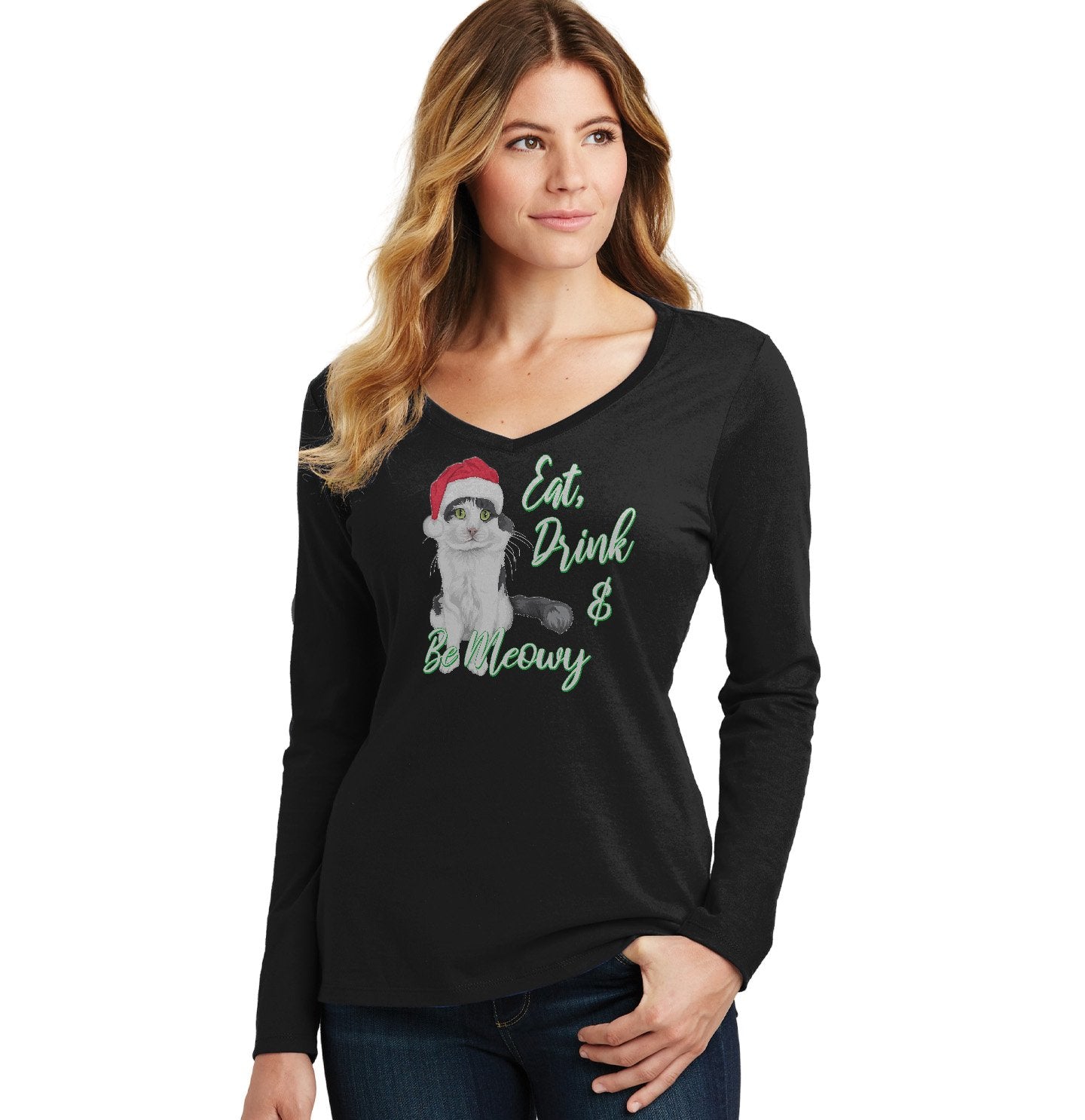 Eat Drink and Be Meowy - Women's V-Neck Long Sleeve T-Shirt