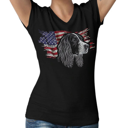 Patriotic English Springer Spaniel American Flag - Women's V-Neck T-Shirt