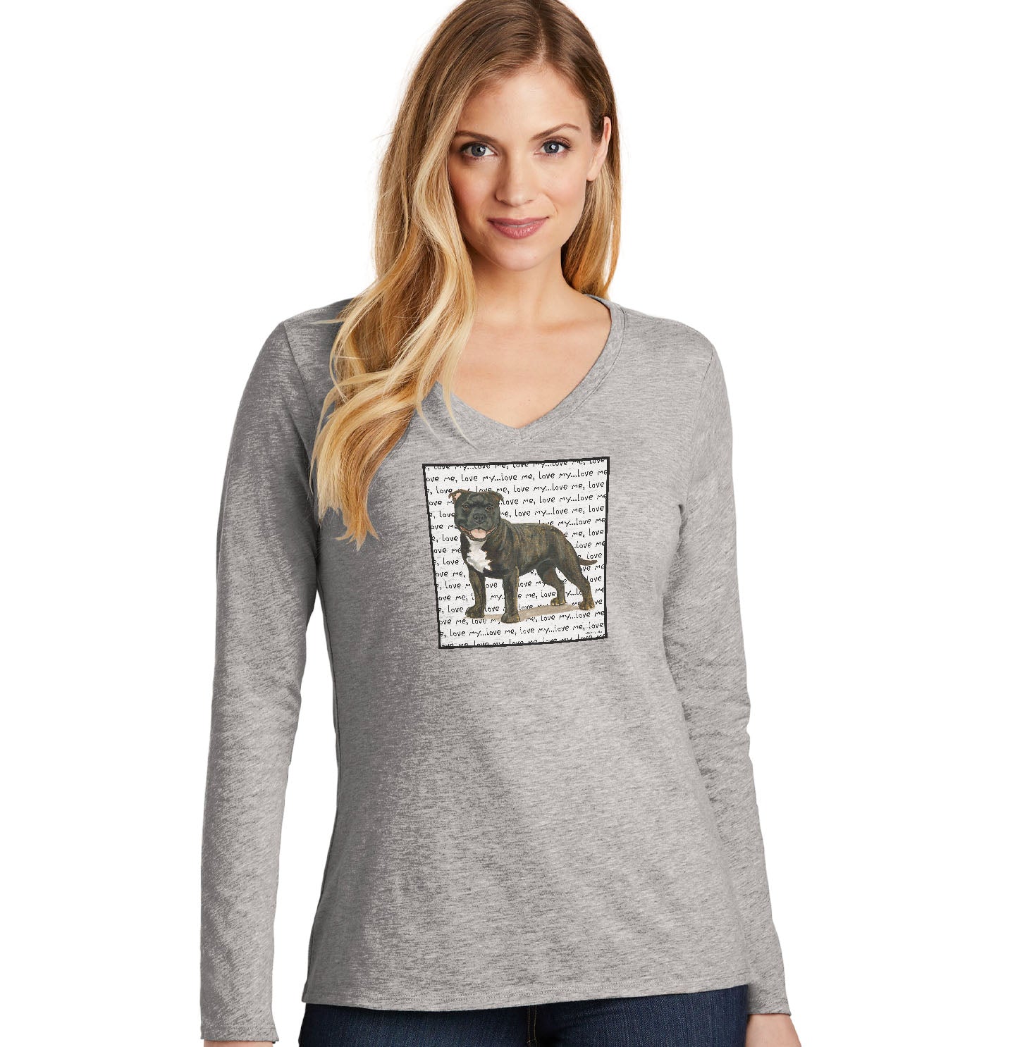Brindle English Staffy Love Text - Women's V-Neck Long Sleeve T-Shirt