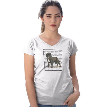 Brindle English Staffy Love Text - Women's V-Neck T-Shirt