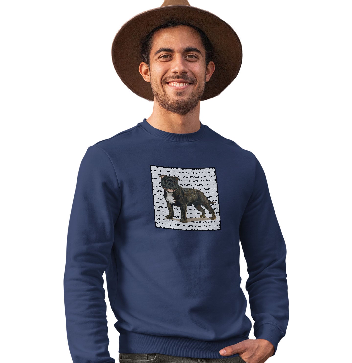 Brindle English Staffy Love Text - Adult Unisex Crewneck Sweatshirt