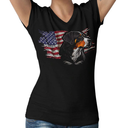 Patriotic Entlebucher Mountain Dog American Flag - Women's V-Neck T-Shirt