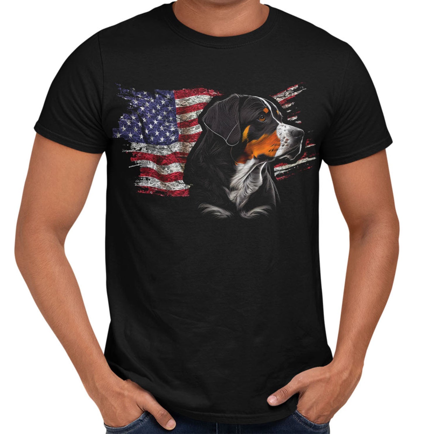 Patriotic Entlebucher Mountain Dog American Flag - Adult Unisex T-Shirt