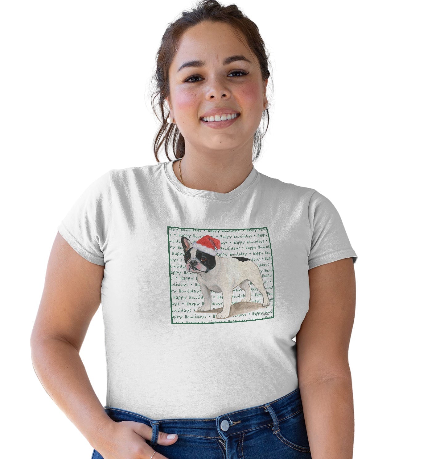 French Bulldog (Black & White) Happy Howlidays Text - Women's Tri-Blend T-Shirt