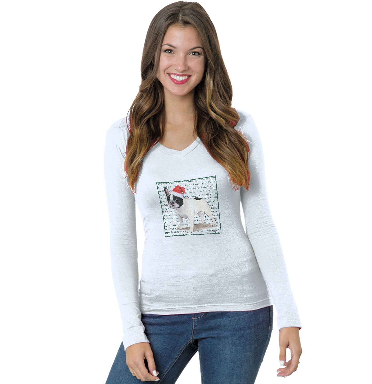 French Bulldog (Black & White) Happy Howlidays Text - Women's V-Neck Long Sleeve T-Shirt