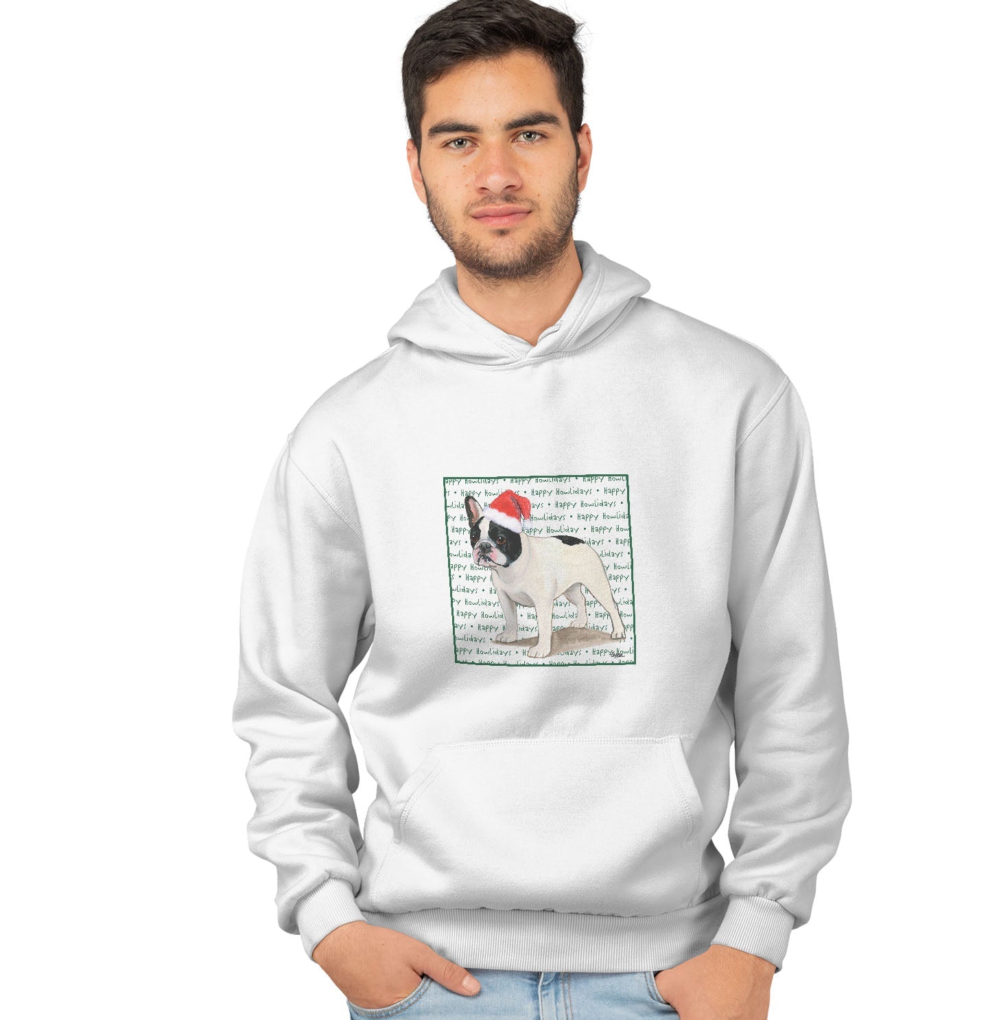 French Bulldog (Black & White) Happy Howlidays Text - Adult Unisex Hoodie Sweatshirt