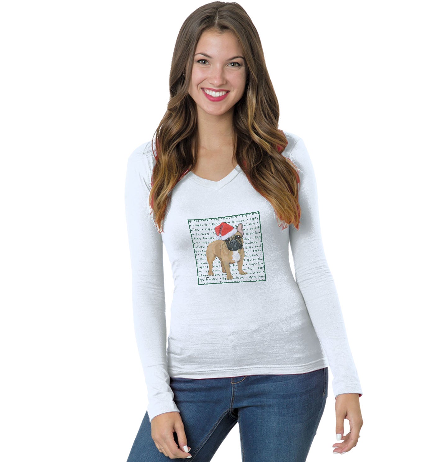 French Bulldog (Fawn) Happy Howlidays Text - Women's V-Neck Long Sleeve T-Shirt