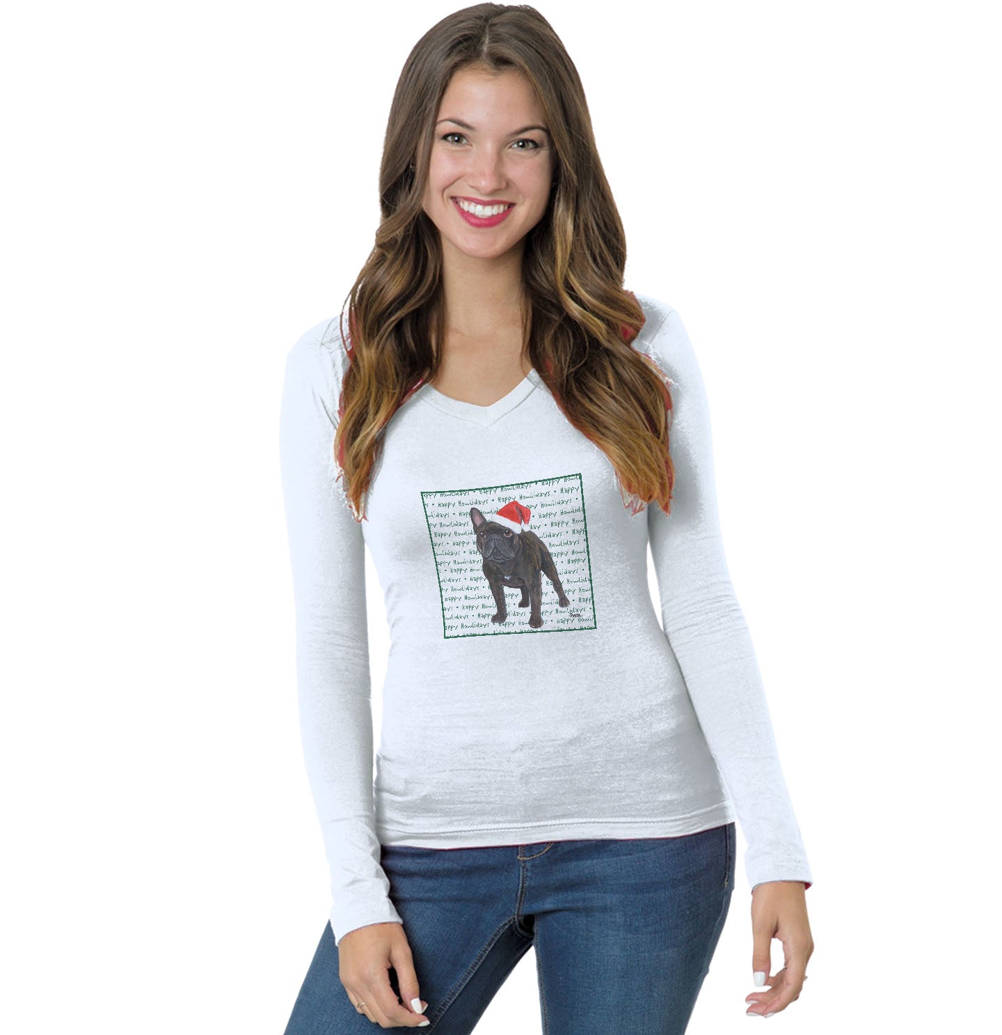 French Bulldog Happy Howlidays Text - Women's V-Neck Long Sleeve T-Shirt