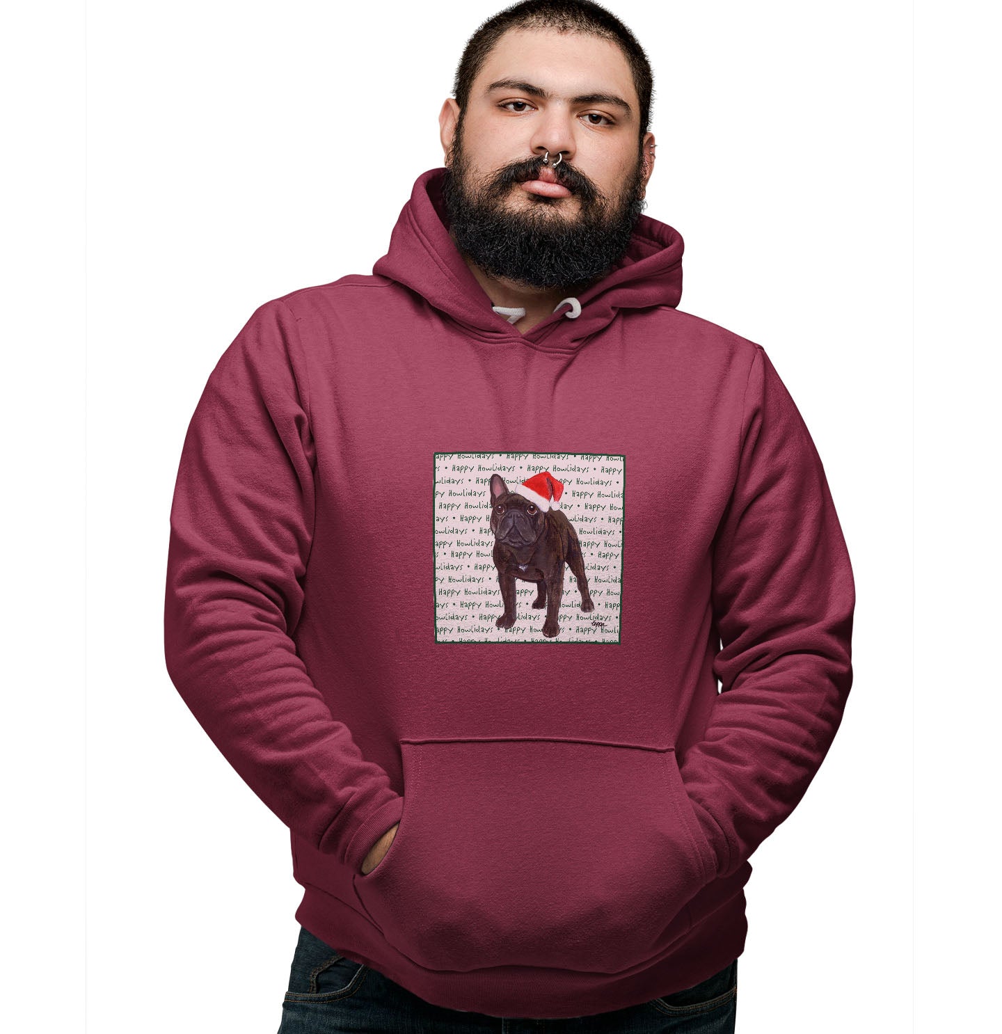 French Bulldog Happy Howlidays Text - Adult Unisex Hoodie Sweatshirt