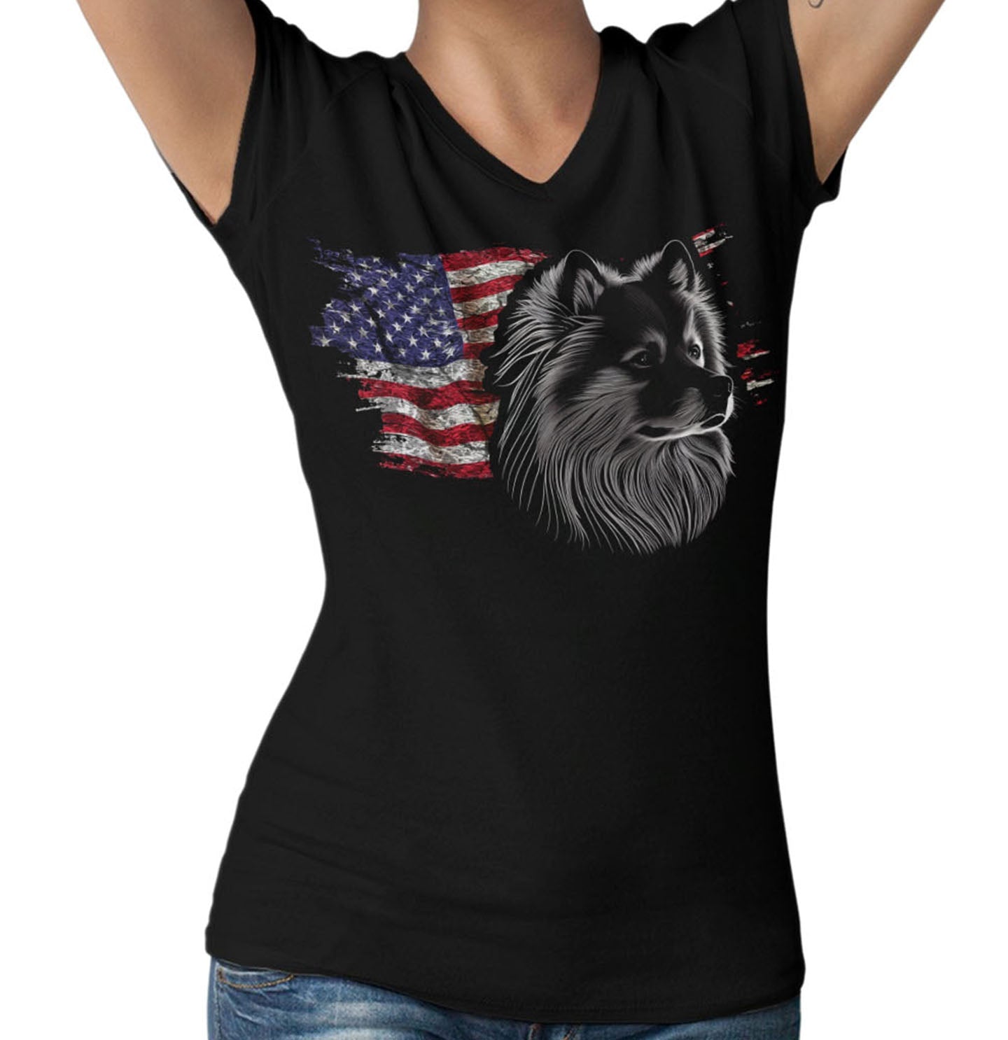 Patriotic Finnish Lapphund American Flag - Women's V-Neck T-Shirt