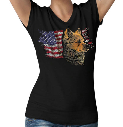 Patriotic Finnish Spitz American Flag - Women's V-Neck T-Shirt