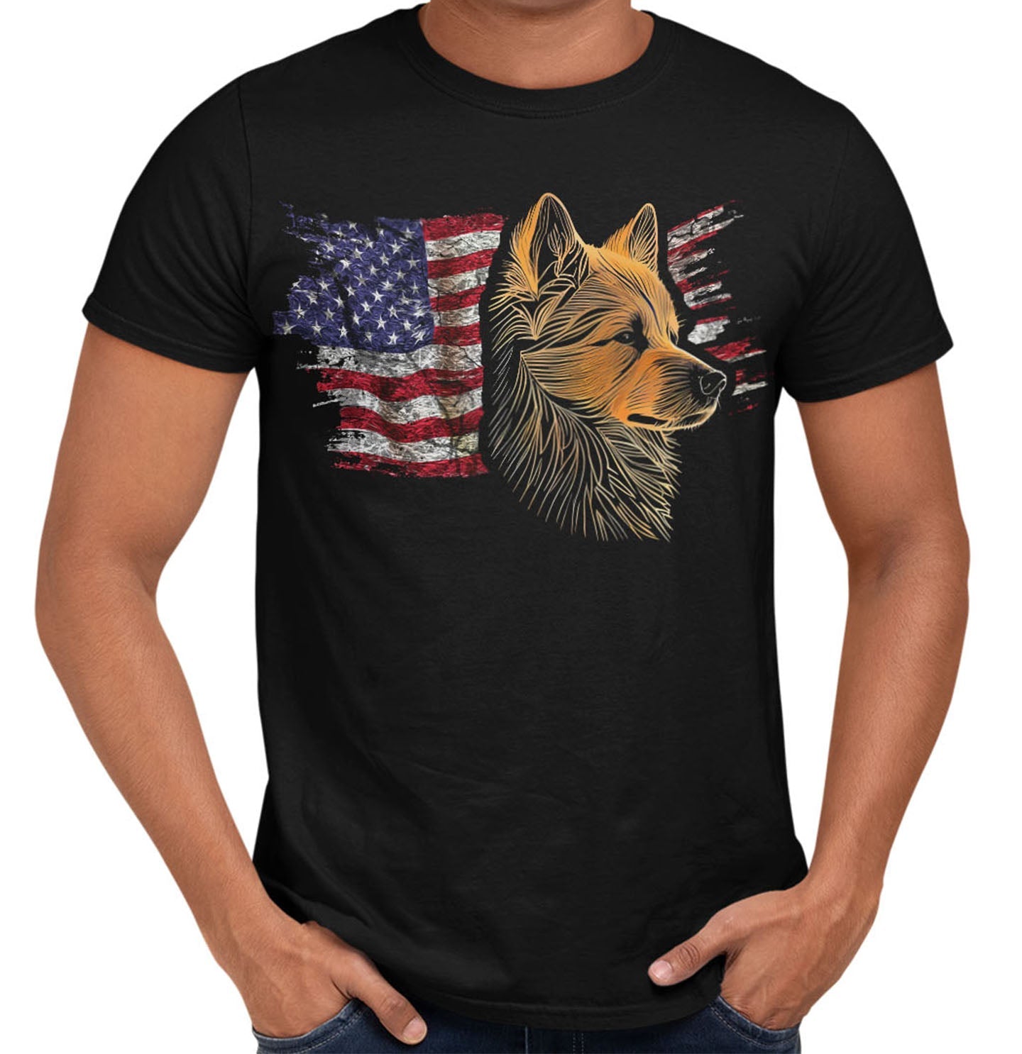 Patriotic Finnish Spitz American Flag - Adult Unisex T-Shirt