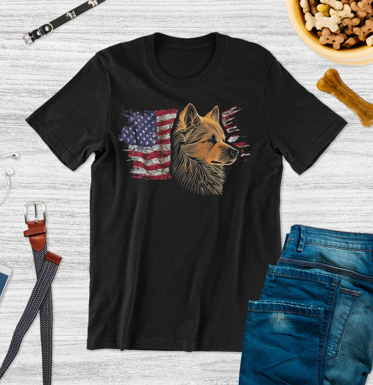 Patriotic Finnish Spitz American Flag - Adult Unisex T-Shirt