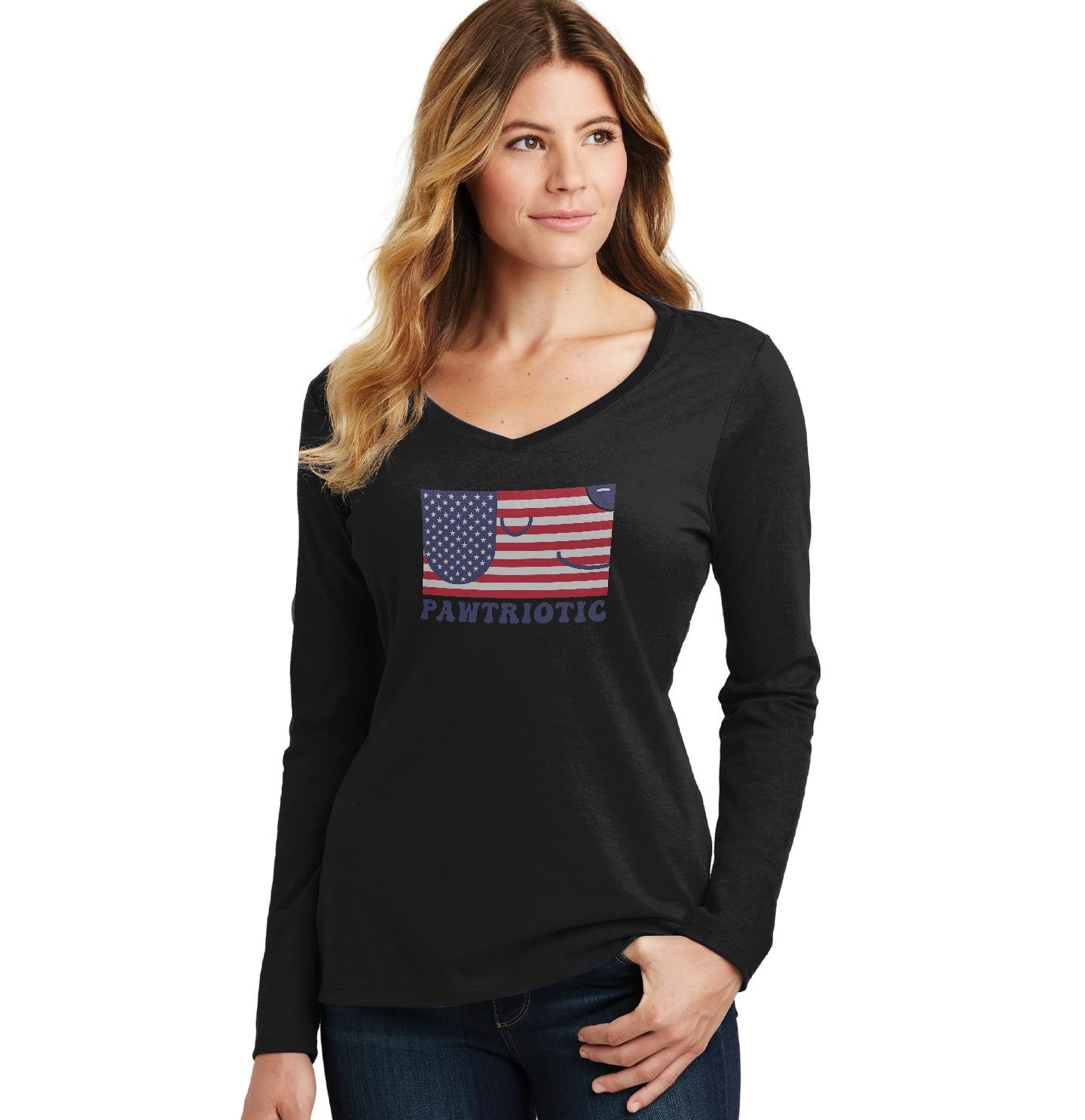 Pawtriotic Flag Dog - Women's V-Neck Long Sleeve T-Shirt