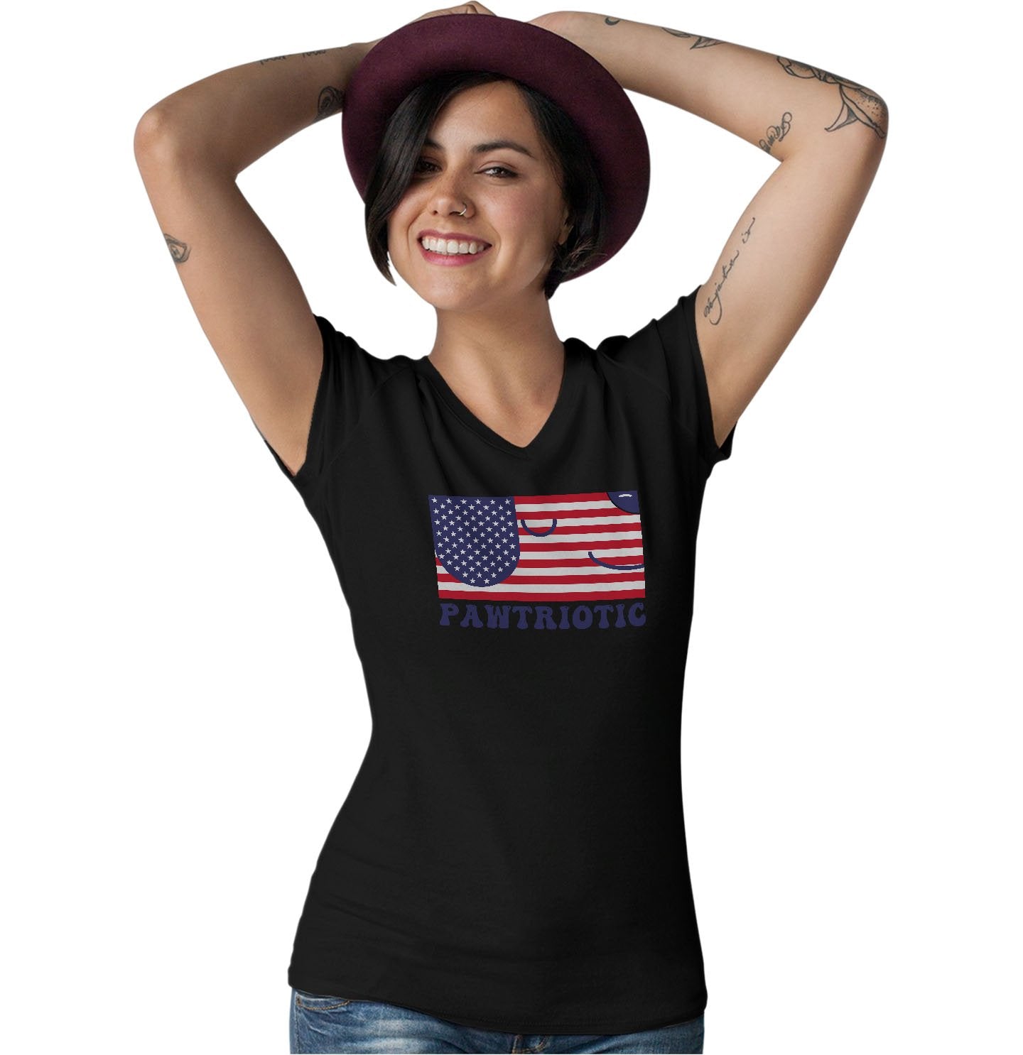 Pawtriotic USA American Flag Dog - Women's V-Neck T-Shirt