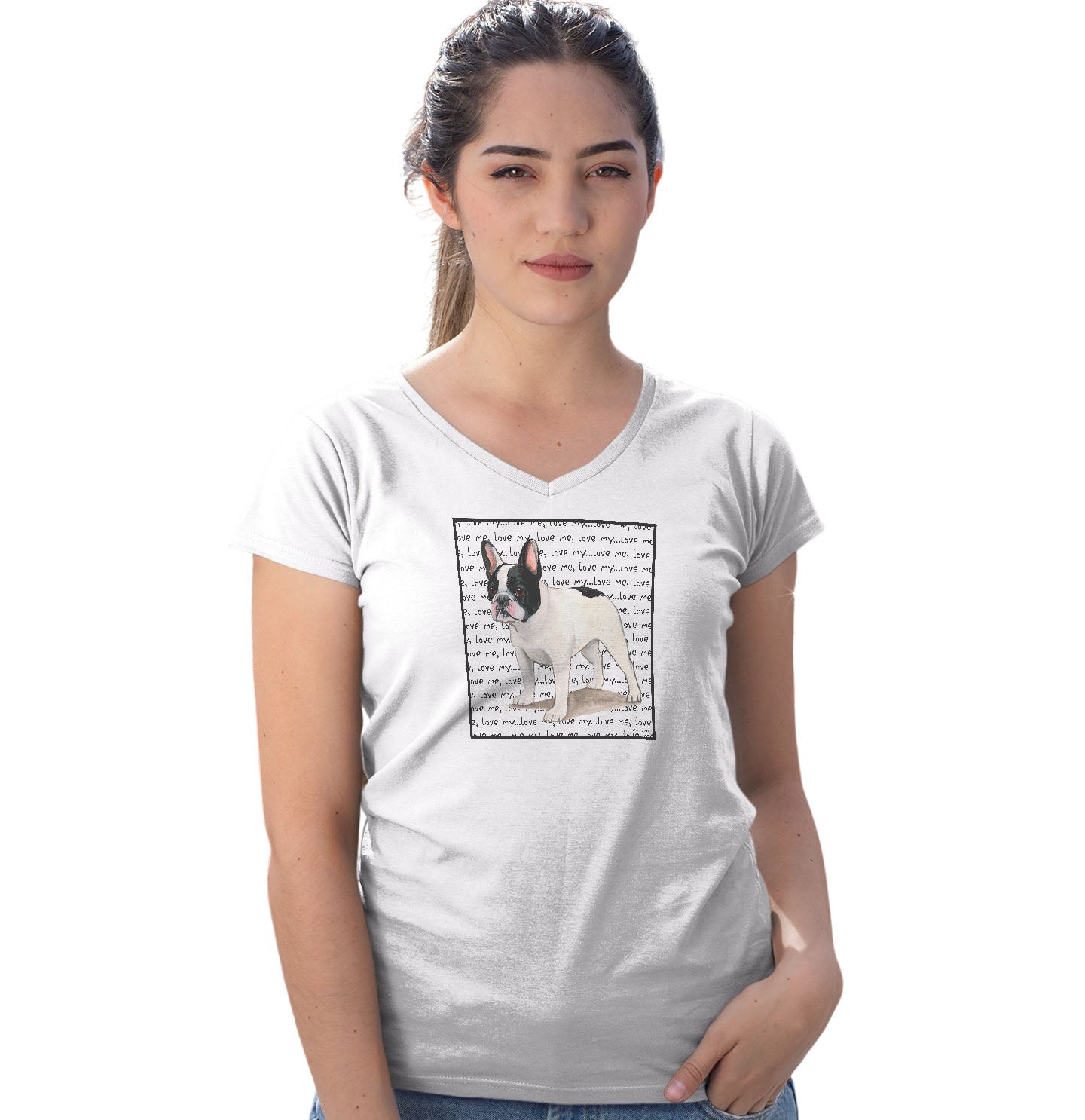 Black & White Frenchie Love Text - Women's V-Neck T-Shirt