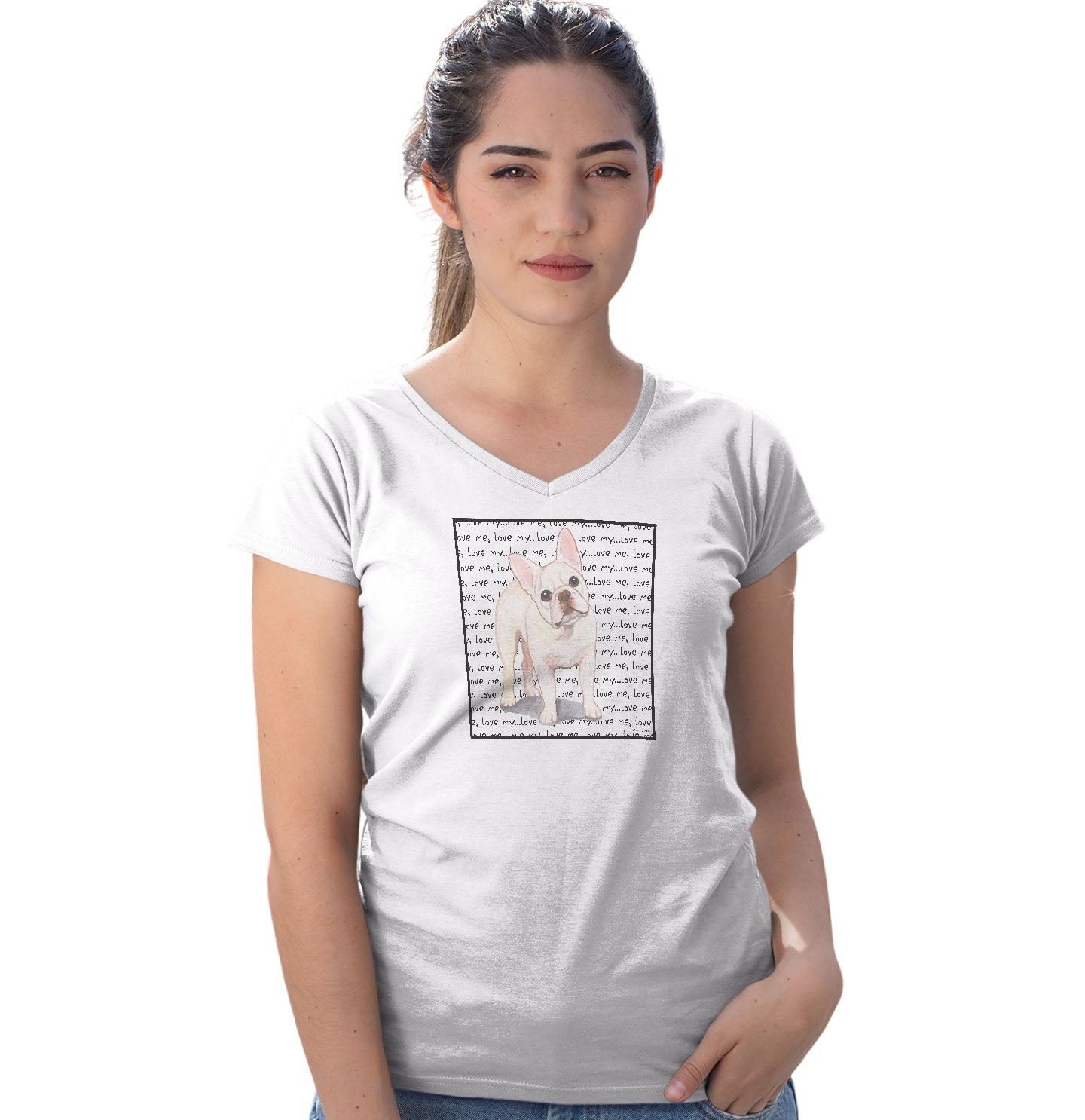Cream Frenchie Love Text - Women's V-Neck T-Shirt
