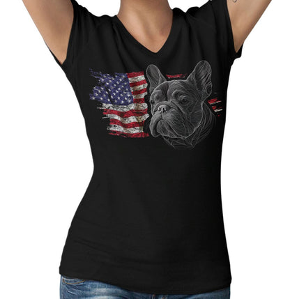 Patriotic French Bulldog American Flag - Women's V-Neck T-Shirt