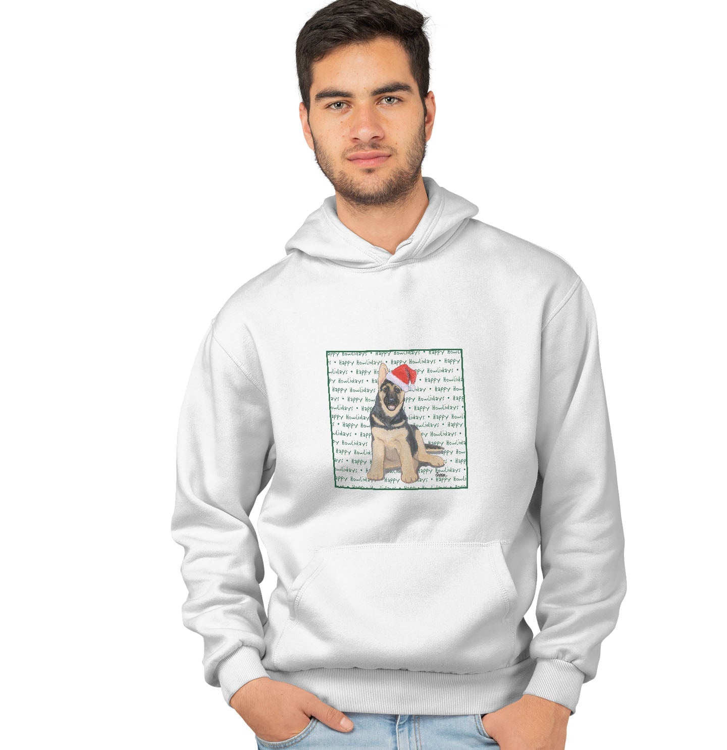 German Shepherd Puppy Happy Howlidays Text - Adult Unisex Hoodie Sweatshirt