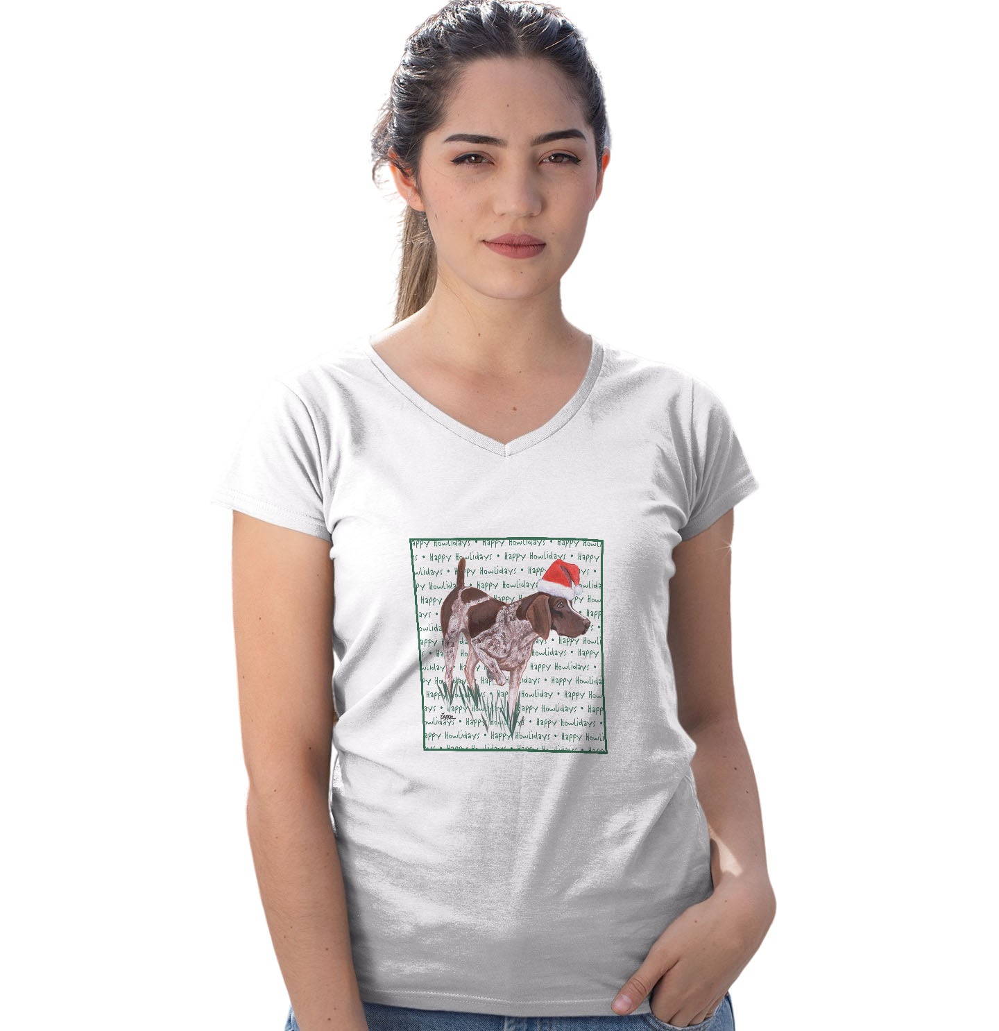 German Shorthaired Pointer Happy Howlidays Text - Women's V-Neck T-Shirt