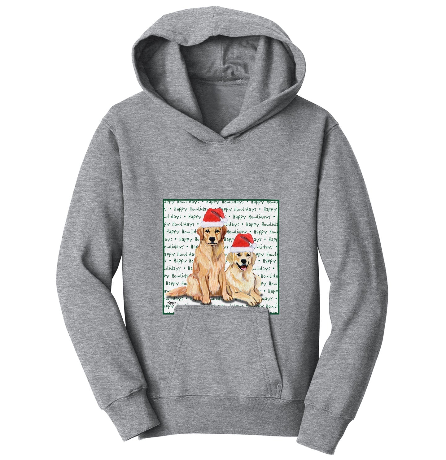 Golden Retriever Pair Happy Howlidays Text - Kids' Unisex Hoodie Sweatshirt