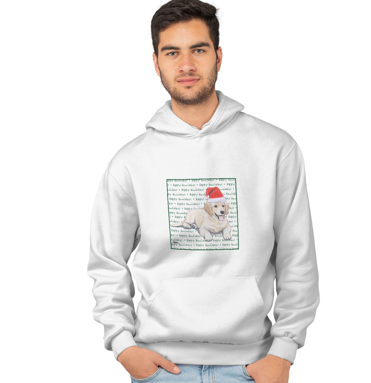 Golden Retriever Puppy Happy Howlidays Text - Adult Unisex Hoodie Sweatshirt