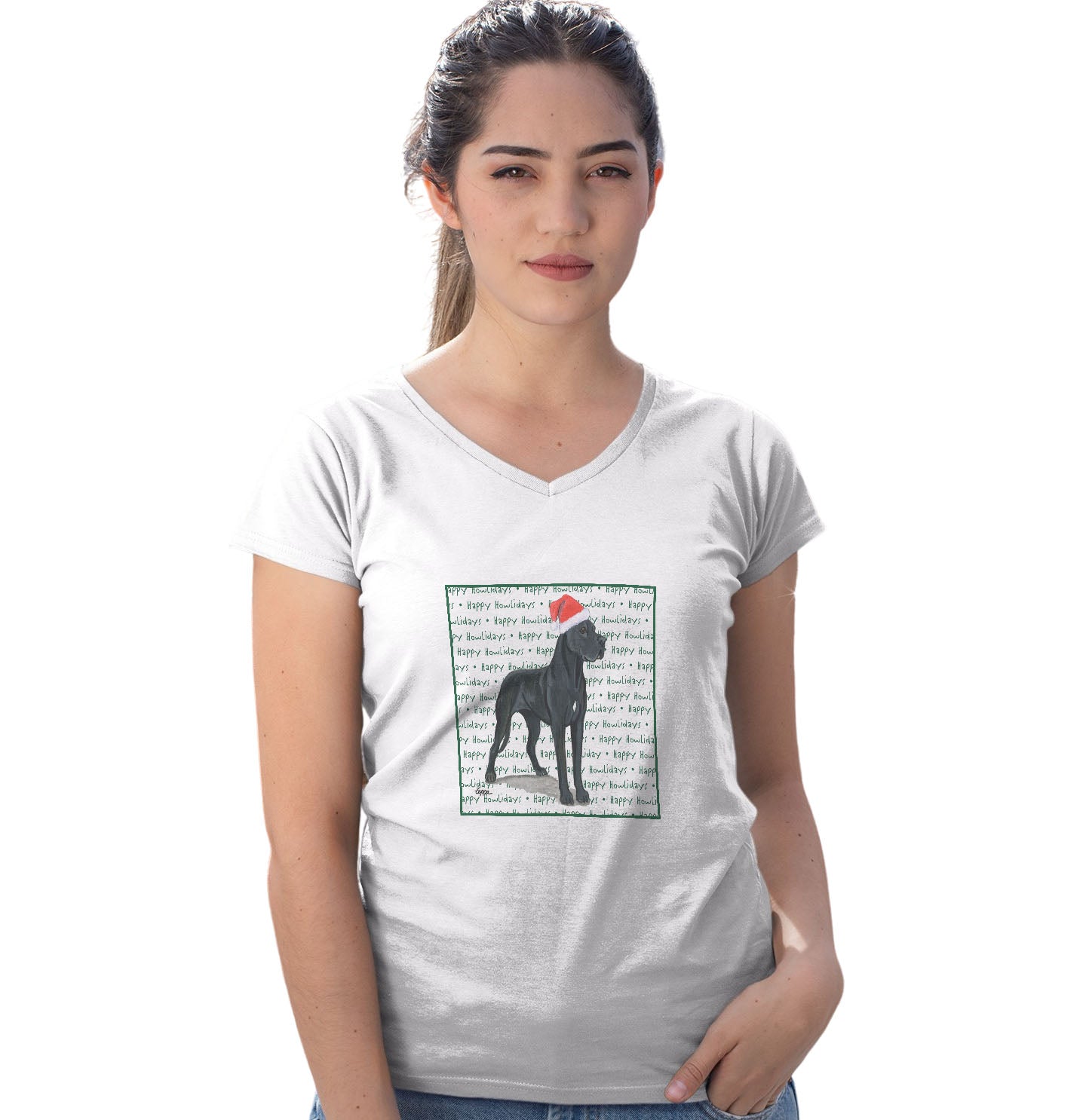 Great Dane Happy Howlidays Text - Women's V-Neck T-Shirt