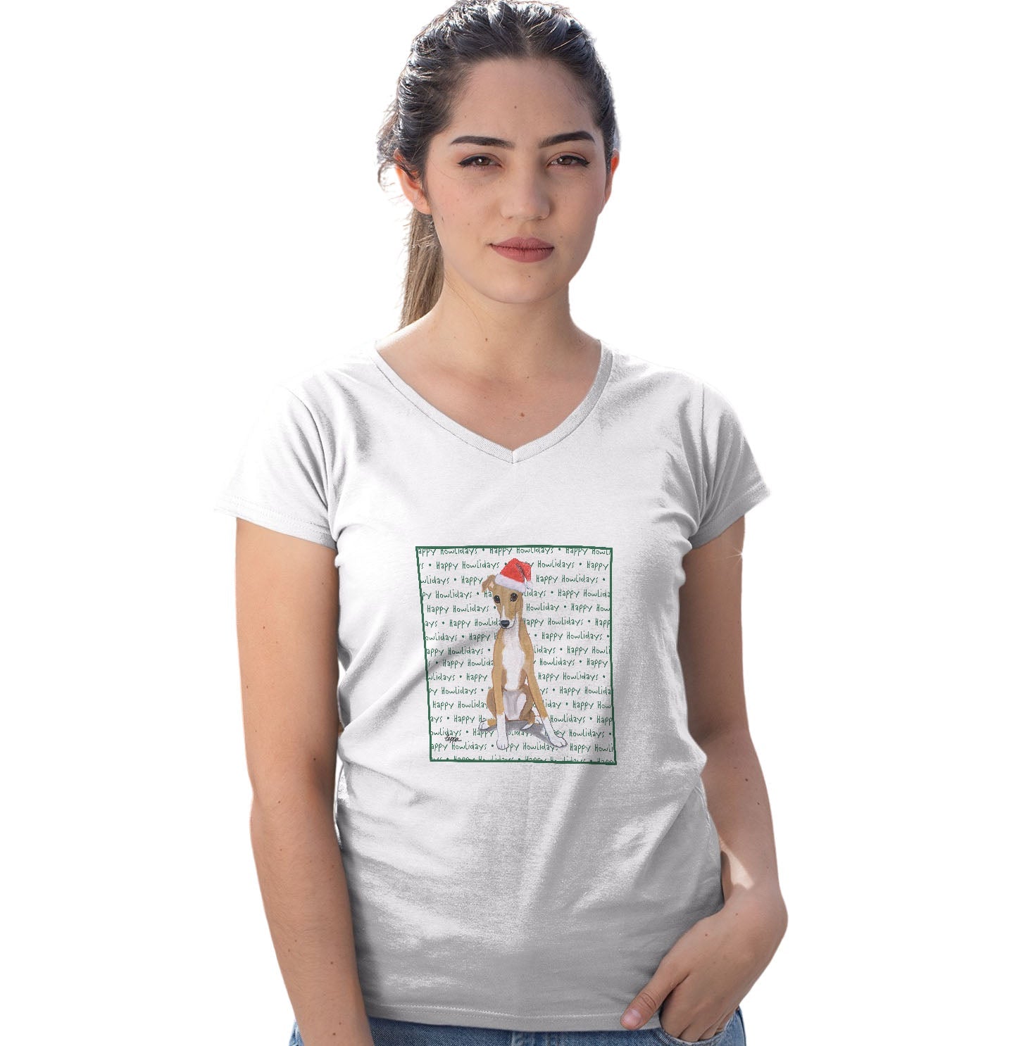 Greyhound Puppy Happy Howlidays Text - Women's V-Neck T-Shirt