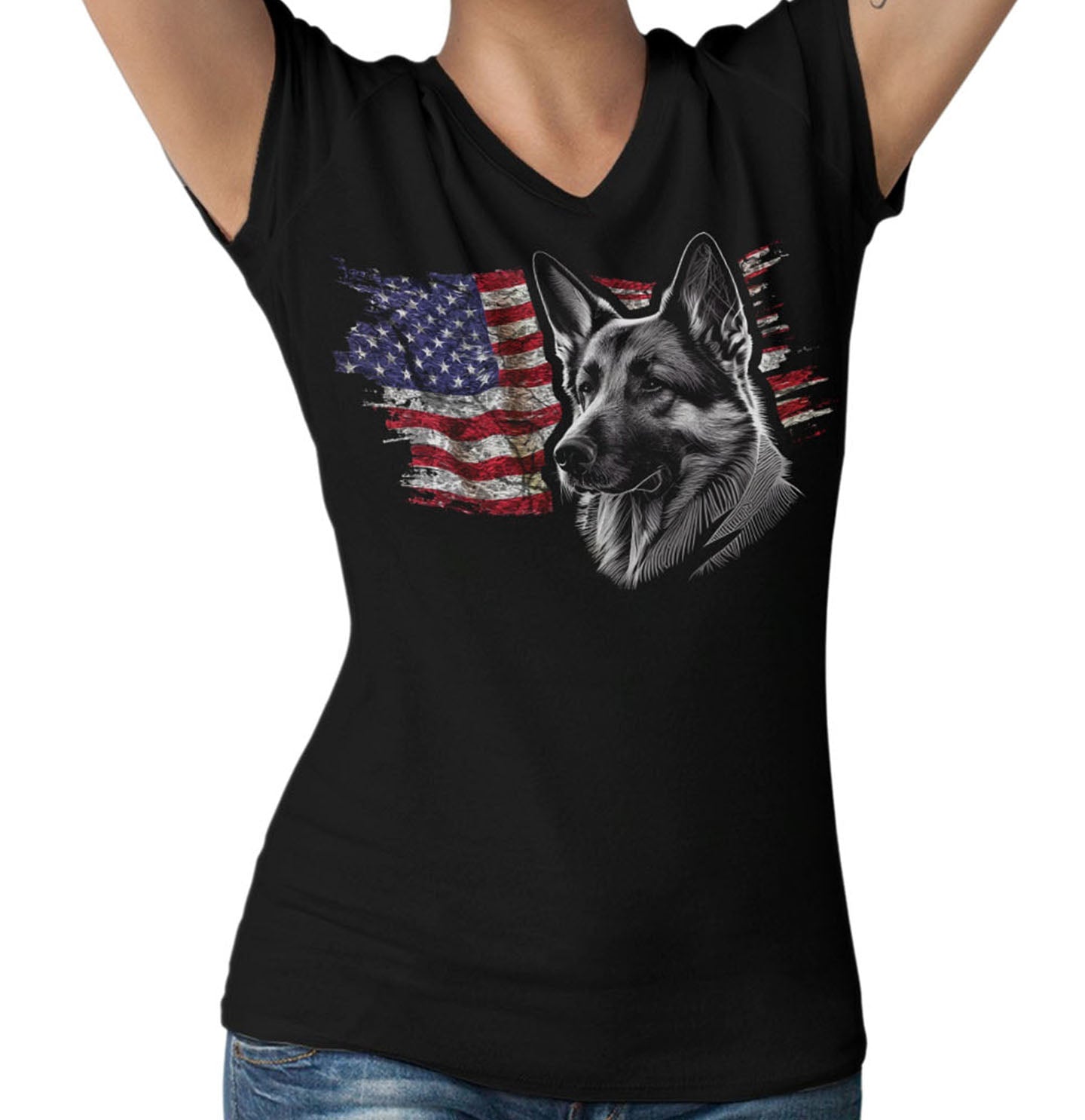 Patriotic German Shepherd Dog American Flag - Women's V-Neck T-Shirt