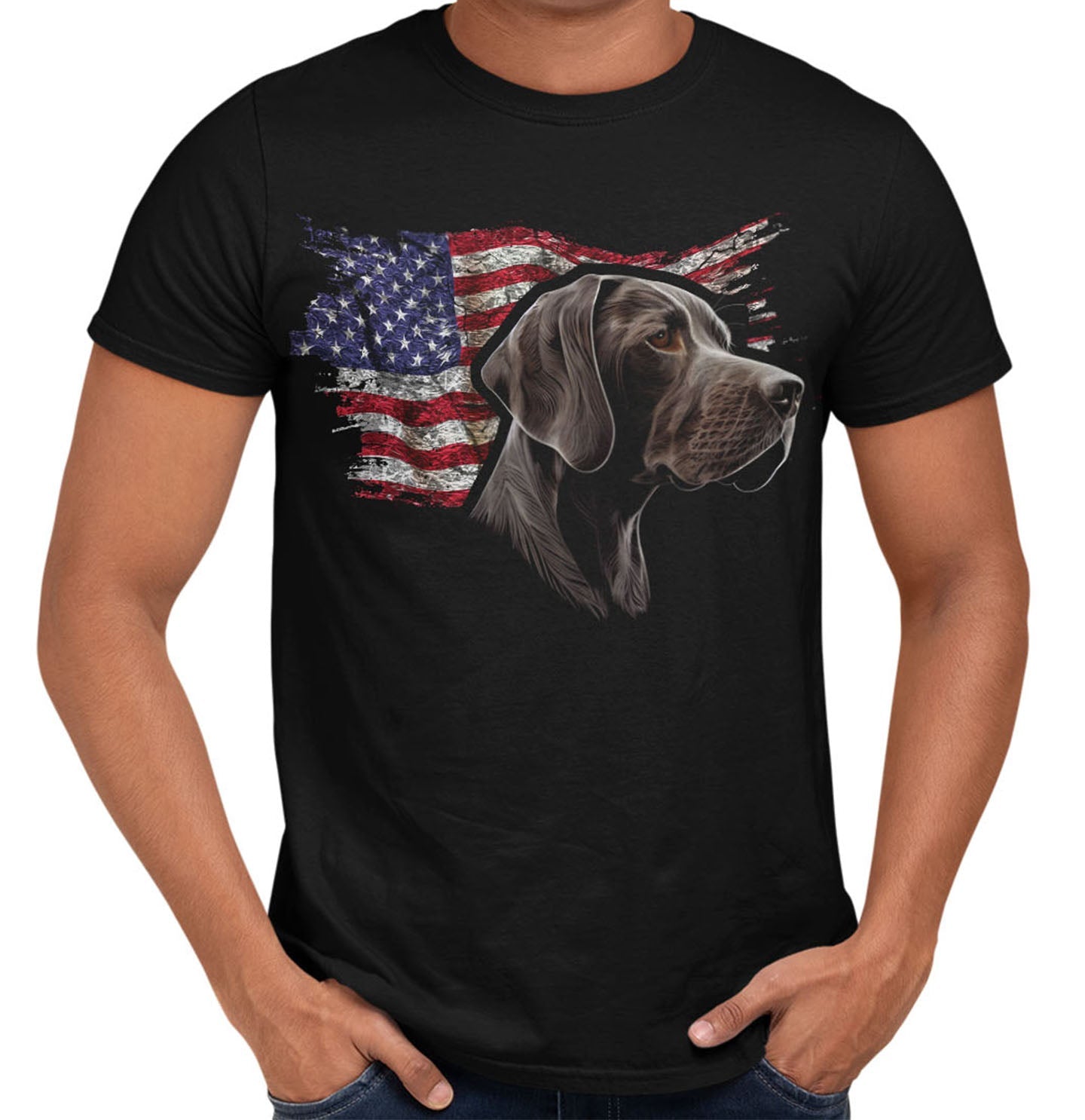 Patriotic German Shorthaired Pointer American Flag - Adult Unisex T-Shirt