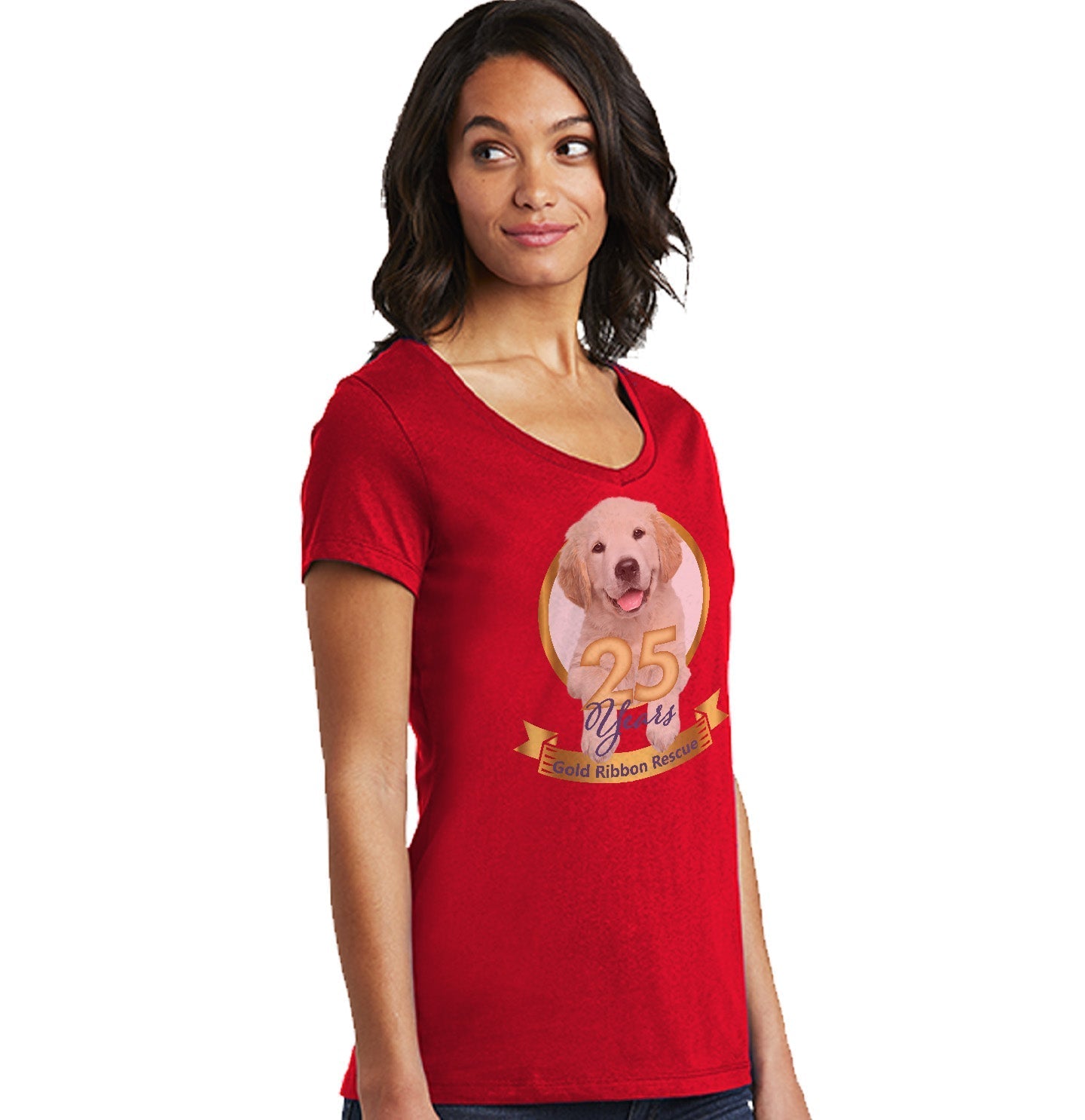 Gold Ribbon 25 Years Puppy - Women's V-Neck T-Shirt