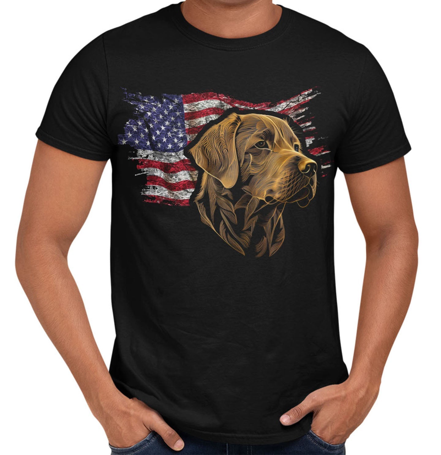 Patriotic Golden Retriever American Flag - Adult Unisex T-Shirt