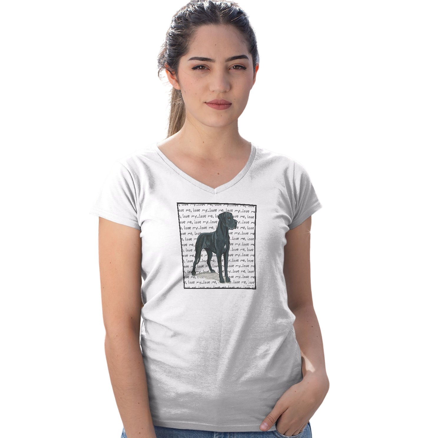 Great Dane (Natural Ears) Love Text - Women's V-Neck T-Shirt