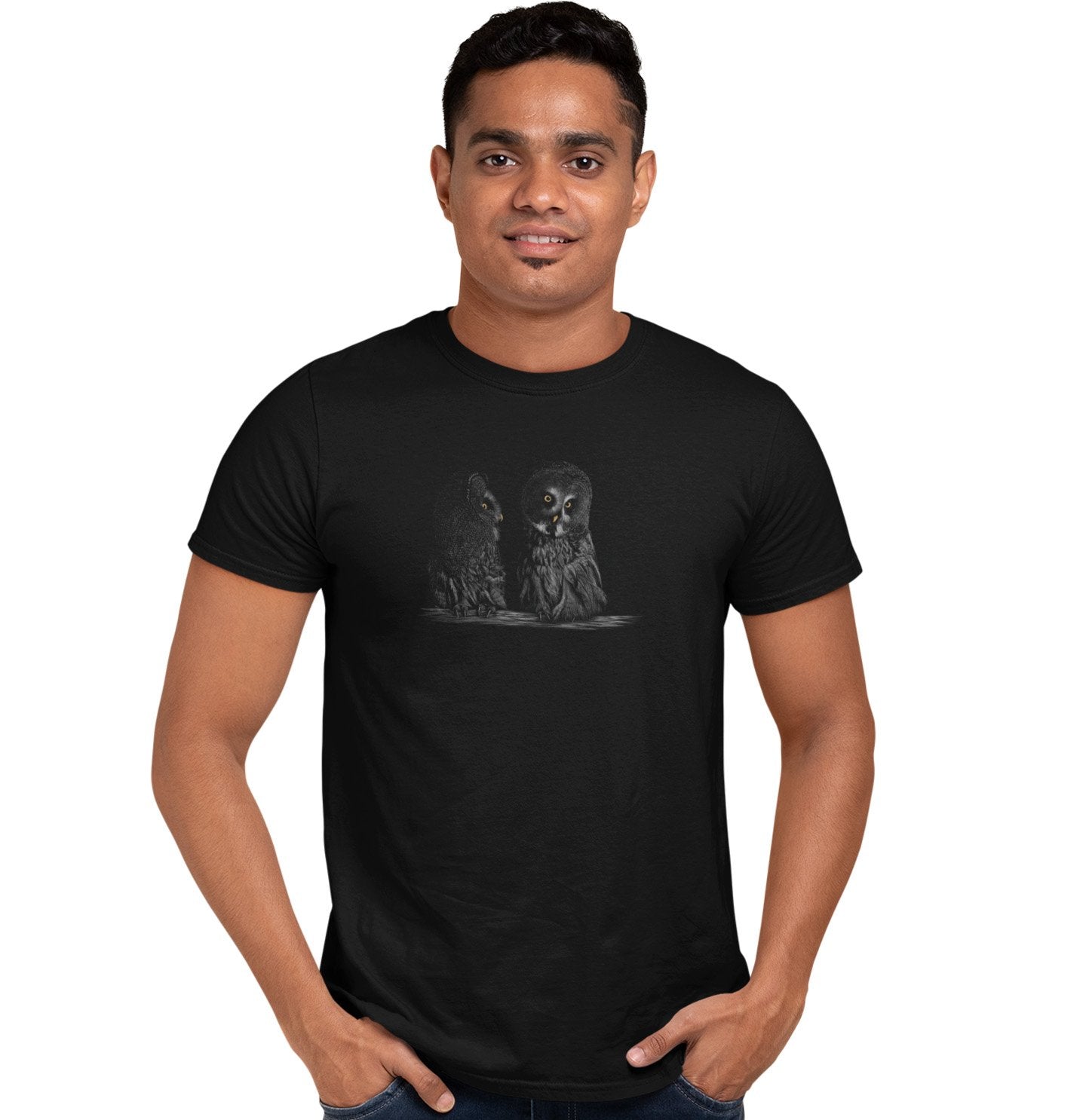 Great Grey Owls on Black - Adult Unisex T-Shirt