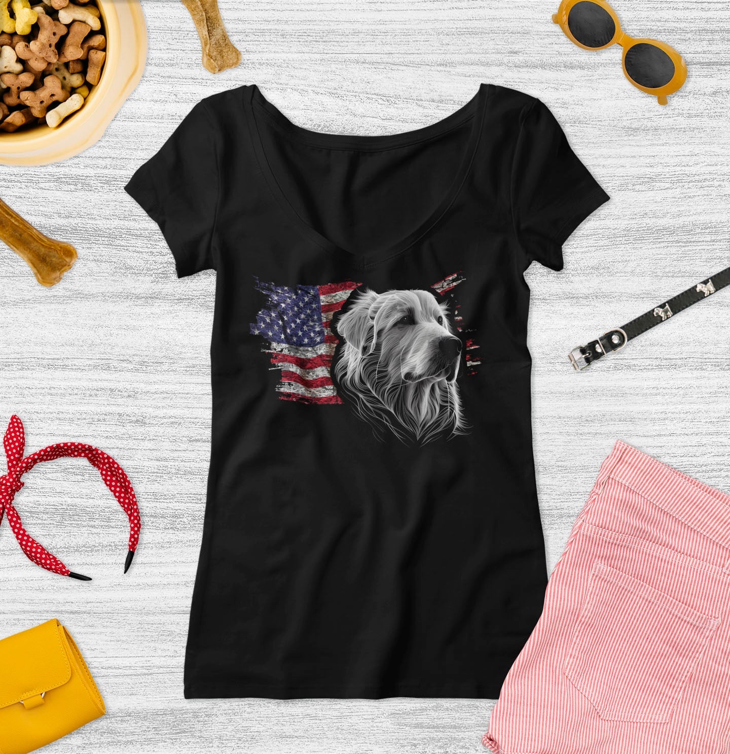 Patriotic Great Pyrenees American Flag - Women's V-Neck T-Shirt