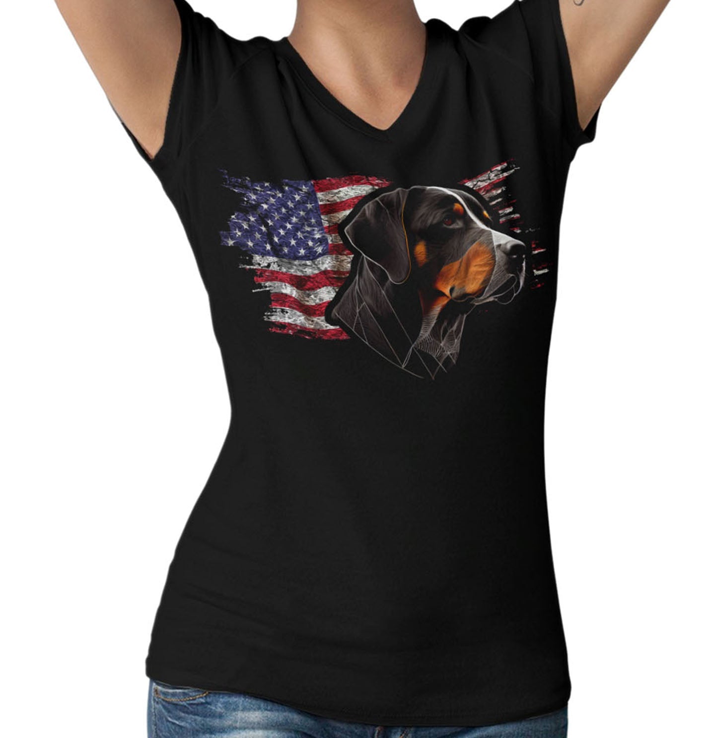 Patriotic Greater Swiss Mountain Dog American Flag - Women's V-Neck T-Shirt