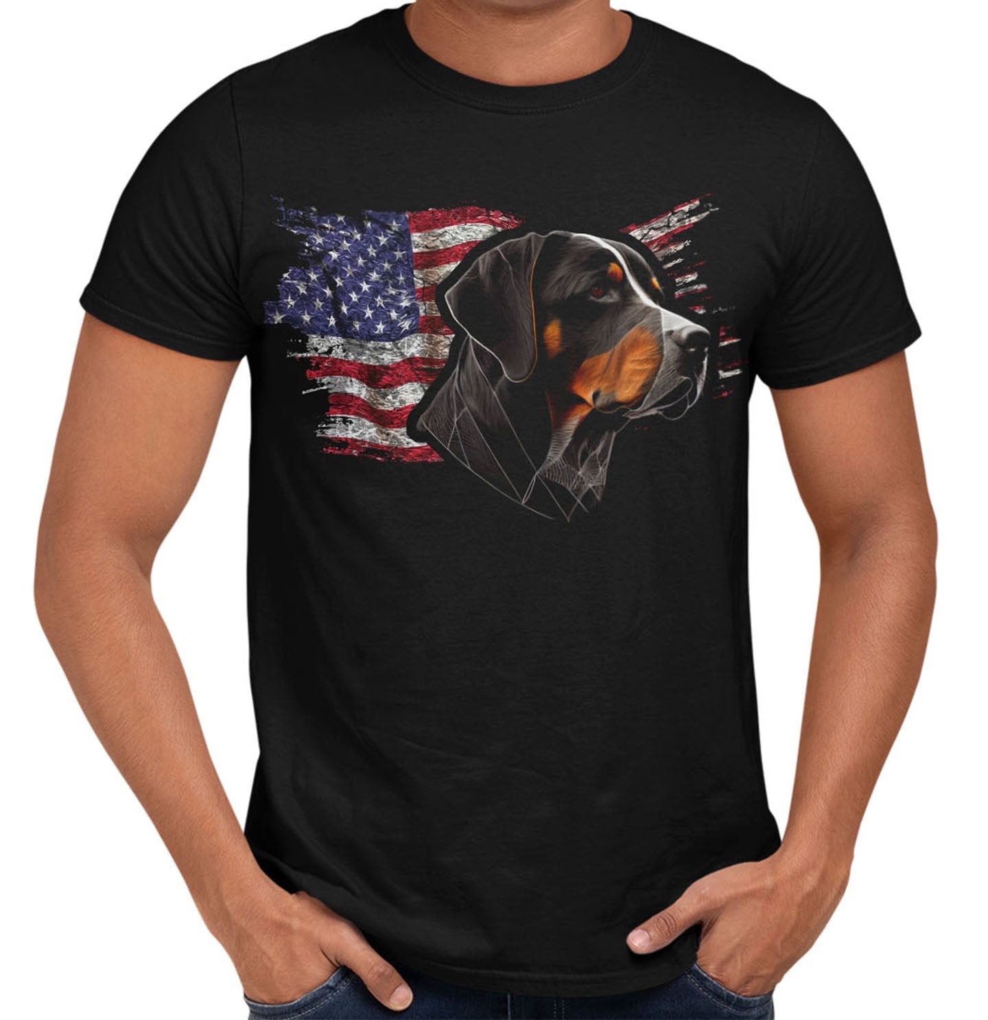 Patriotic Greater Swiss Mountain Dog American Flag - Adult Unisex T-Shirt