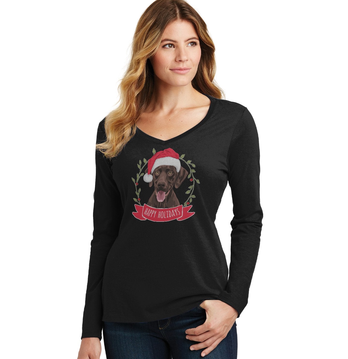 Happy Holidays Chocolate Lab - Women's V-Neck Long Sleeve T-Shirt