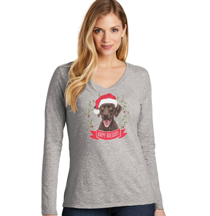 Happy Holidays Chocolate Lab - Women's V-Neck Long Sleeve T-Shirt