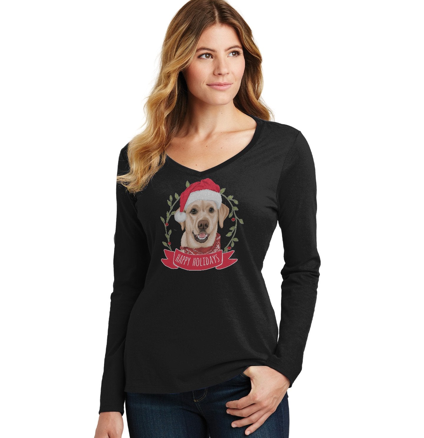 Happy Holidays Yellow Lab - Women's V-Neck Long Sleeve T-Shirt