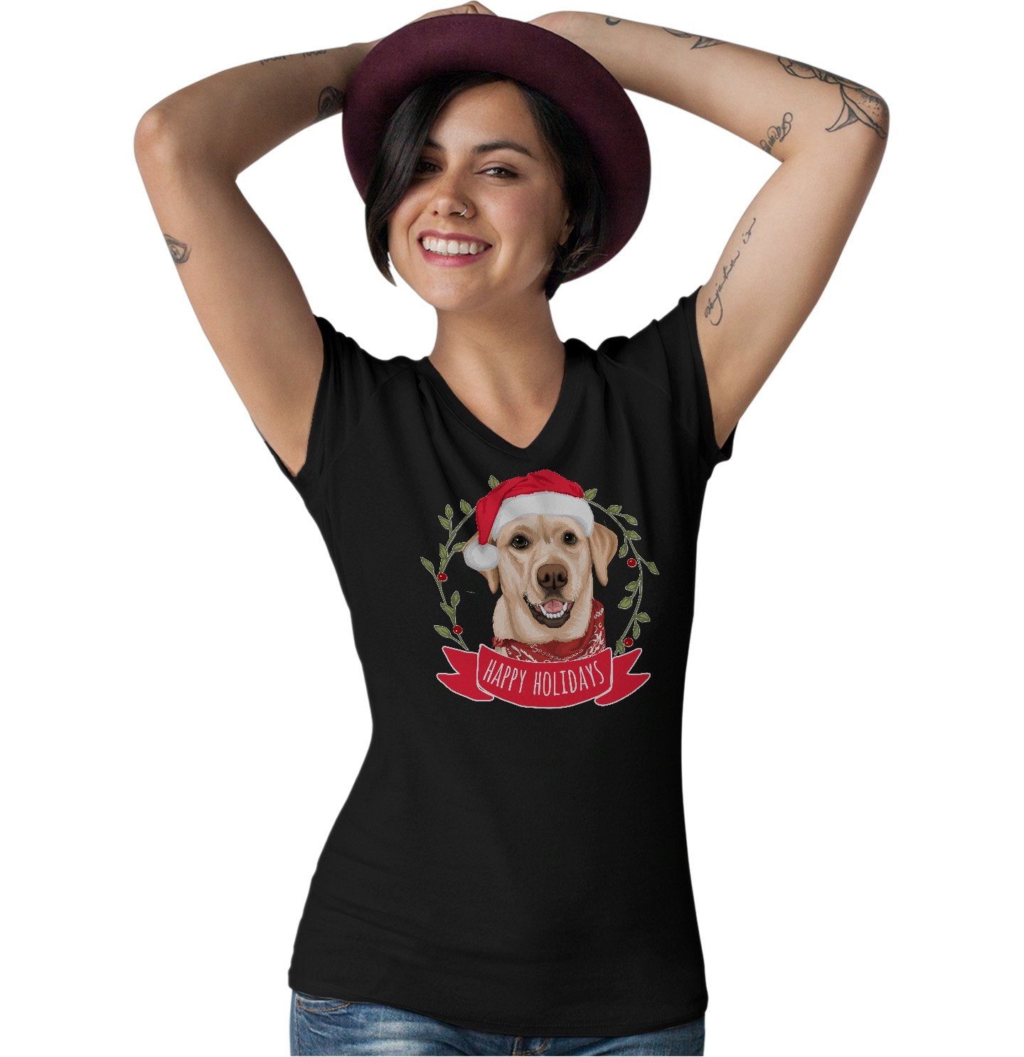 Happy Holidays Yellow Lab - Women's V-Neck T-Shirt